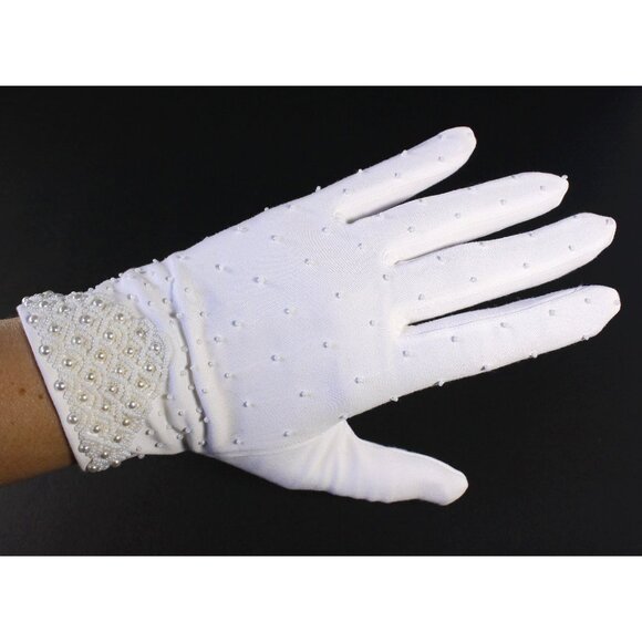 Vintage white beaded short gloves size 7, vintage wedding bridal gloves Nylon - Picture 1 of 9